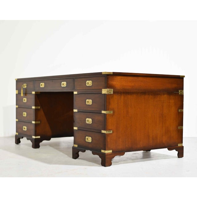 Campaign Mid Century English Campaign Mahogany Partner Desk Green Leather Top For Sale - Image 3 of 11