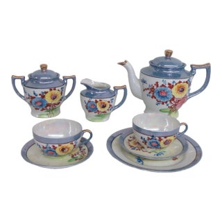 Porcelain Lusterware Floral Painted Eight Piece Tea Set Made in Japan For Sale