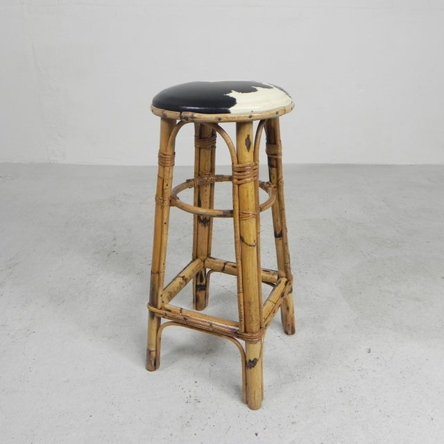 Black Bamboo Bar Stool with Leatherette Seat in Cow Print, 1950s For Sale - Image 8 of 17