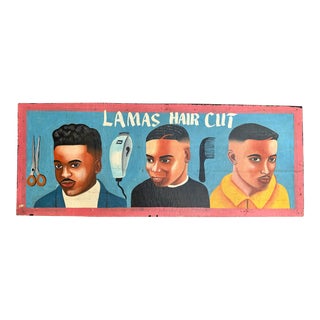 Vintage Hand Painted Folk Art Ghana W. Africa Barbershop Sign on Wood- 3 Heads For Sale