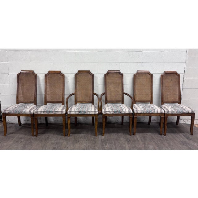 This is a gorgeous full set of six vintage Drexel Heritage dining chairs, dated August 30, 1984. Designed in the French...