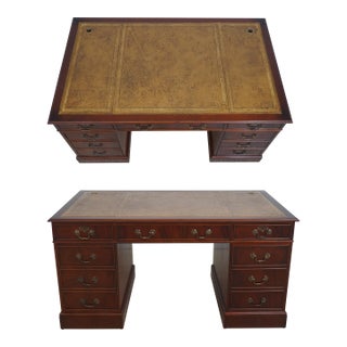 English Leather Top 3 Part Executive Partners Desk For Sale