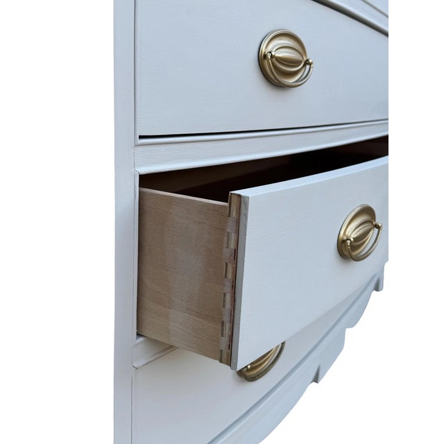 Drexel Heritage Vintage Bow-Front Dresser Bathroom Vanity With Marble Top & Brass Hardware -White Pearl Quartzite For Sale - Image 4 of 5