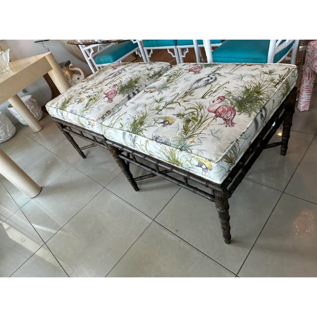 Vintage Faux Bamboo Ottomans Benches Stools Birds New Upholstery -A Pair For Sale - Image 10 of 13