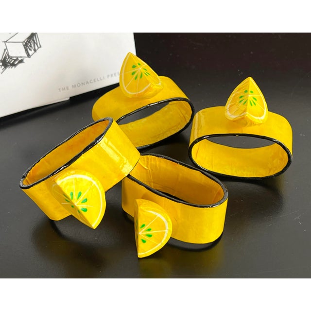 Vintage 1970's Papier Mache Lemon Yellow Napkin Rings - Set of 4 For Sale - Image 4 of 4