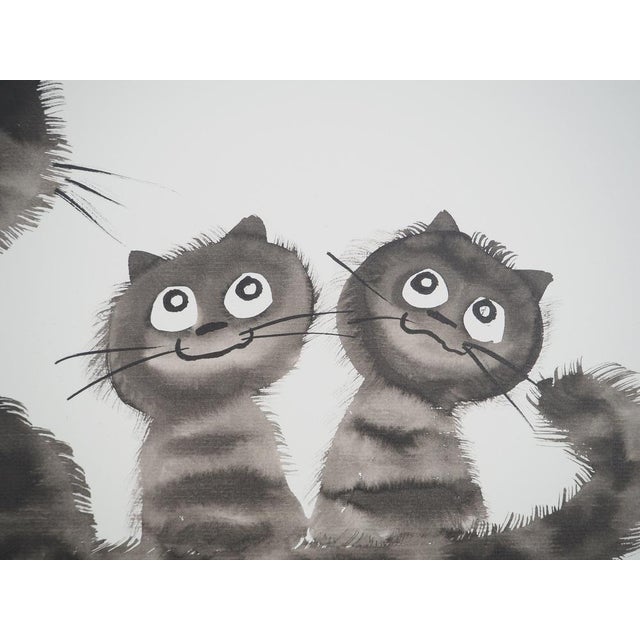 Contemporary Laszlo Tibay, Maman chat et ses chatons distraits, Ink & Wash Drawing For Sale - Image 3 of 6