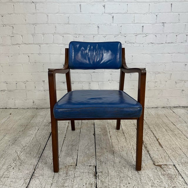 Blue leather chair with wooden frame by Dunbar