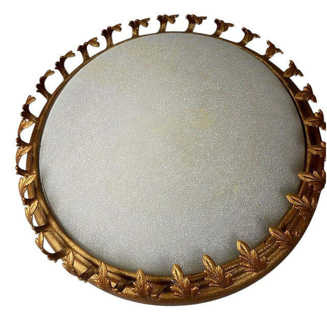 Pair of Hollywood Regency Gilt Acanthus Leaf & Frosted Glass Flush Mounts For Sale - Image 4 of 15