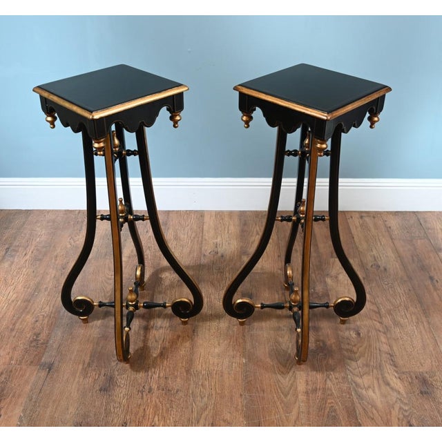 Black Arts and Crafts Lacquered Pedestal Stands, Set of 2 For Sale - Image 8 of 12