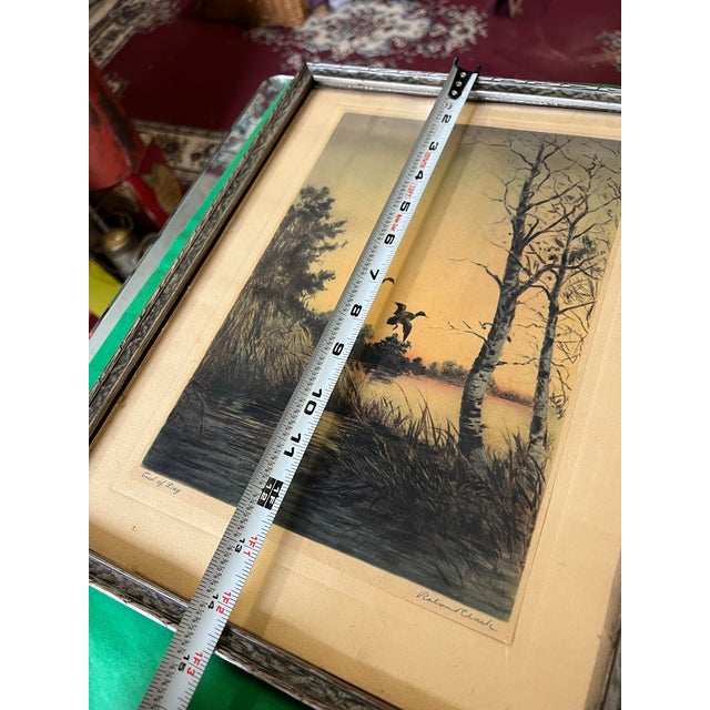Gray Vintage Signed Duck Painting, Titled "End of Day" in Frame For Sale - Image 8 of 10