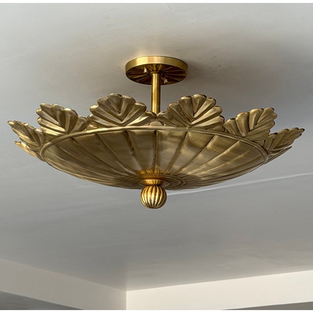 Modern Pure Brass Flush Mount Ceiling Light | Brushed Brass 4-Light Fixture For Sale - Image 3 of 11