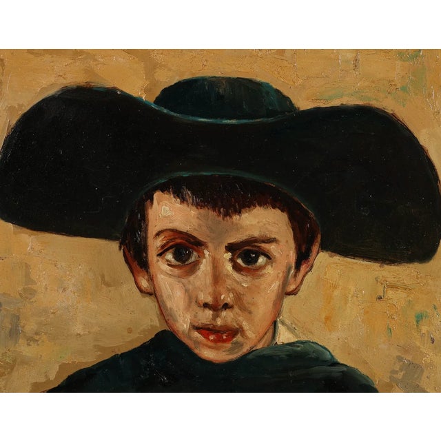 Italian Oil Painting Portrait of Young Boy with Hat. Sight size approximately 14.75 x 11".
