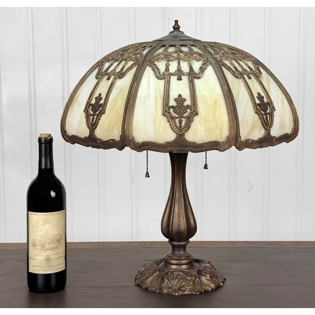 Art Nouveau Antique Art Nouveau Carmel Slag Glass Table Lamp For Sale - Image 3 of 14