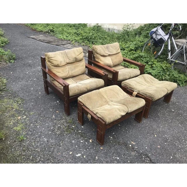 Mid-Century Modern Wood & Leather Armchairs With Pouf, Set of 4 For Sale - Image 3 of 8