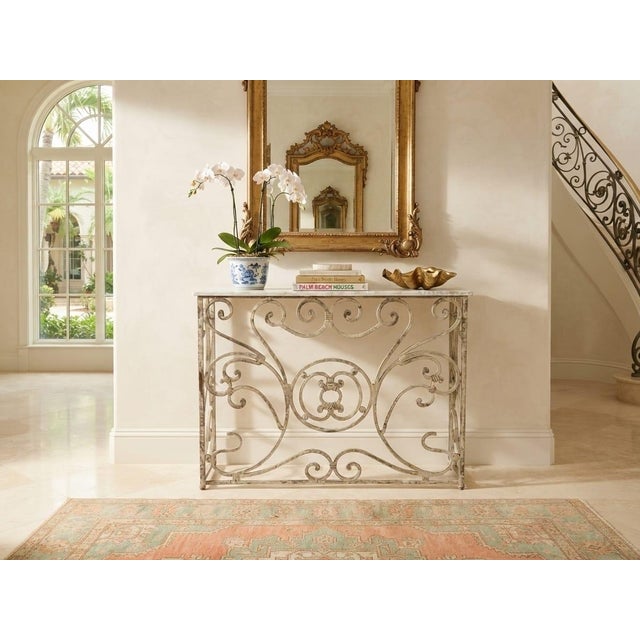 Vintage French Country Whitewashed Wrought Iron Console Table With Marble Top For Sale - Image 9 of 12