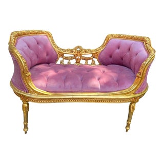 Vintage French Louis XVI Gold Leaf Settee in Tufted Rose Velvet For Sale