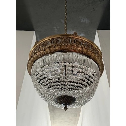 Metal Antique Beaux Arts Bronze Crystal Basket Four Light Chandelier Rewired For Sale - Image 7 of 10