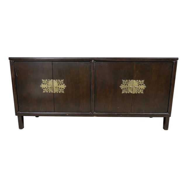 1950s Renzo Rutili Attributed Mid-Century Modern Walnut & Brass Credenza For Sale