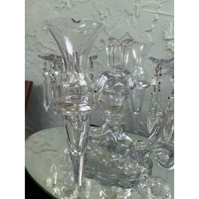 Hollywood Regency Vintage Cambridge Glass Crystal Epergne Candelabra With Hanging Prisms and Oval Mirror Display Base For Sale - Image 3 of 12