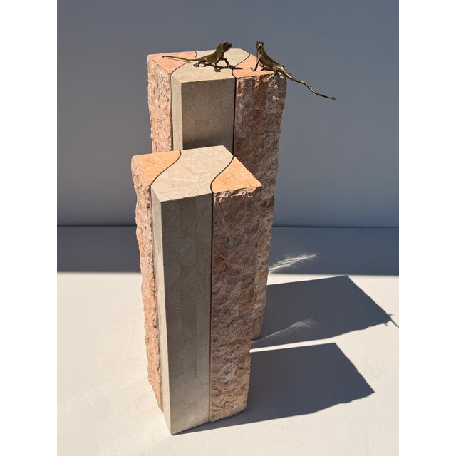 Pair of Tessellated Coral and Pink Stone Pedestals For Sale In Los Angeles - Image 6 of 12