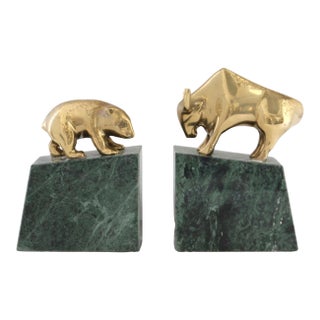 1980s Italian Marble & Brass Bull & Bear Bookends For Sale