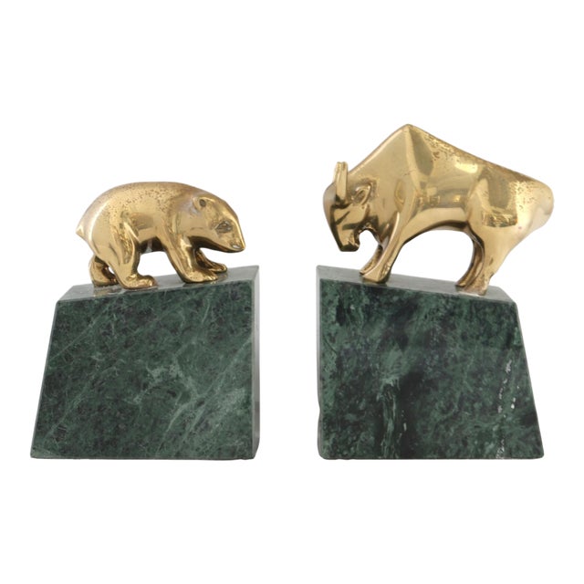 1980s Italian Marble & Brass Bull & Bear Bookends For Sale