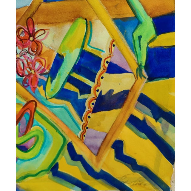 Vintage Whimsical Colorful Abstract Floral Geometric Original Watercolor Signed Vicki Silva For Sale - Image 4 of 11