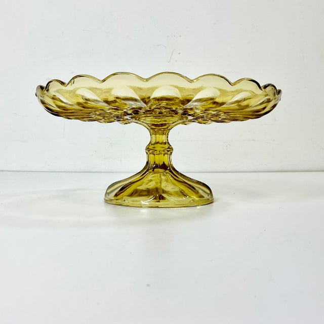 Art Deco 1940s Art Deco Boho Chic Hollywood Regency Indiana Glass Depression Yellow Cake Stand For Sale - Image 3 of 11