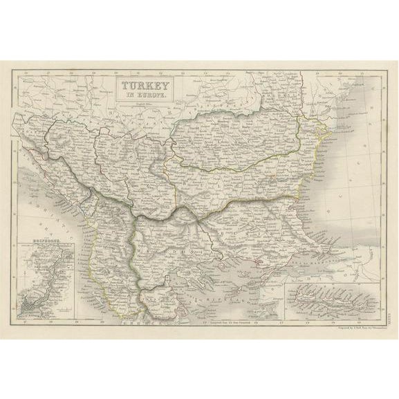 Antique Plan of Turkey in Europe with Inset Map of the Bosporus, 1850s For Sale