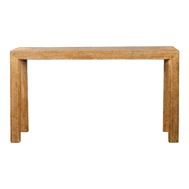 Vintage Rectangular Woven Rattan Console Table For Sale