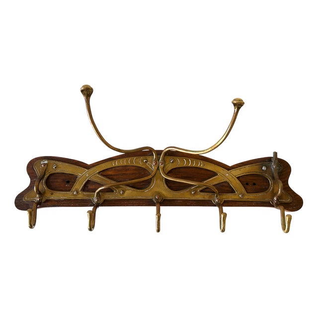 Art Nouveau Brass and Wood Coat Rack or Hanger, Germany, 1900s For Sale