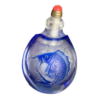 Early Republic Period Antique Carved Cobalt Glass Snuff Bottle Coral Stopper For Sale