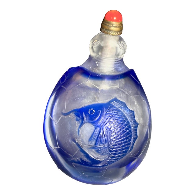 Early Republic Period Antique Carved Cobalt Glass Snuff Bottle Coral Stopper For Sale