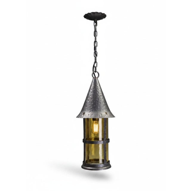 Antique Arts and Crafts Wrought Iron and Hand-Blown Amber Glass Pendant Lantern, 1890 For Sale - Image 11 of 11