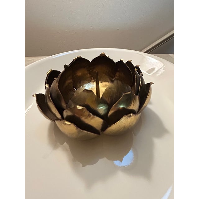 Indian Large Mid 20th Century Feldman Brass Lotus Flower Candle Holder. 5 " D X 2.25" H For Sale - Image 3 of 5