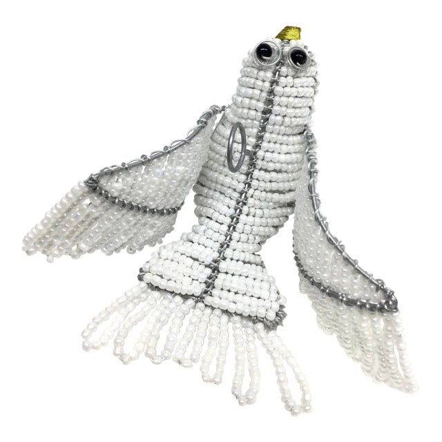 Artisan Hand Beaded White Bird Hanging Ornament For Sale