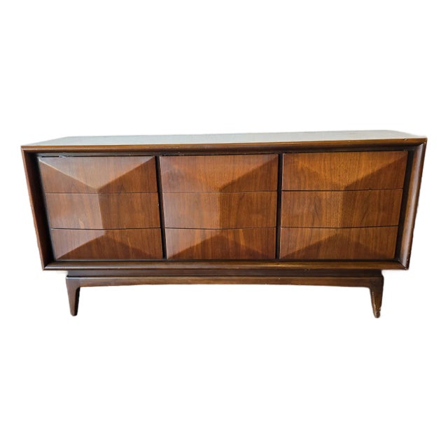 United Furniture Walnut Diamonds Long Dresser MCM Vintage For Sale