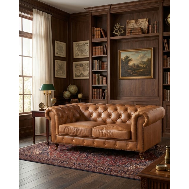 Animal Skin Century Chesterfield Love Seat - Light Brown Leather For Sale - Image 7 of 7