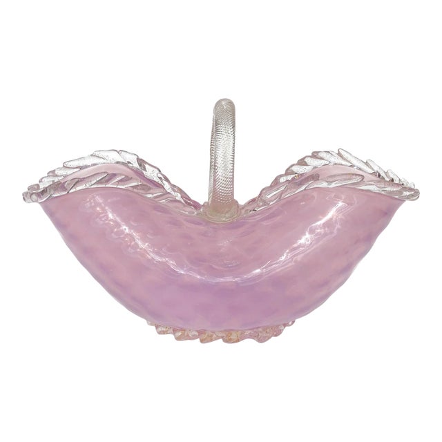 Murano Vintage Large Pink Opalescent Gold Flecks Diamond Quilted Italian Art Glass Basket Flower Vase For Sale