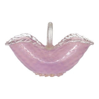 Vintage Murano Large Pink Opalescent Gold Flecks Diamond Quilted Italian Art Glass Basket Flower Vase For Sale