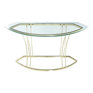 Curved 1970s Gold Brass Colored Sofa Table Console With Glass Top For Sale