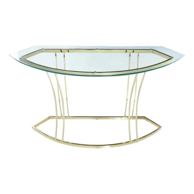 Curved 1970s Gold Brass Colored Sofa Table Console With Glass Top For Sale