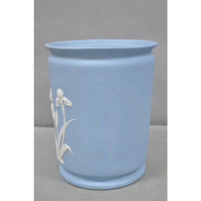 Late 20th Century Vintage Flambro Cameo Iris Blue Jasperware Wedgwood Style Floral Cachepot Vase For Sale - Image 5 of 11