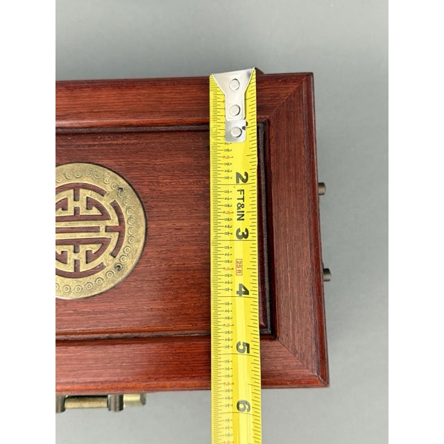 Chinese Asian Wooden Jewelry Box Brass Red Lined Trinket Chest W/Key + Lock Vintage For Sale - Image 12 of 18