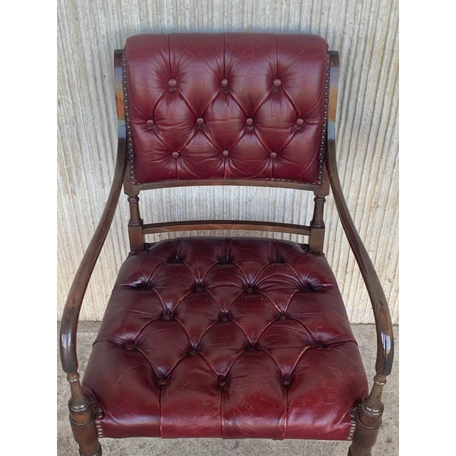 Victorian Set of Ten Restored Early 20th Century Chesterfield Hardwood Red Leather Dining Armchairs For Sale - Image 3 of 18