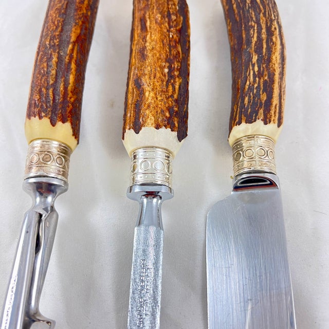 Metal Sheffield Estate English Stag Antler Handled, Sterling Capped Carving Set, 3 PCS For Sale - Image 7 of 13