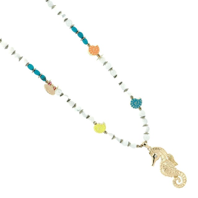 Turquoise Summer Magic Seahorse & Shell Beaded Necklace For Sale - Image 8 of 11