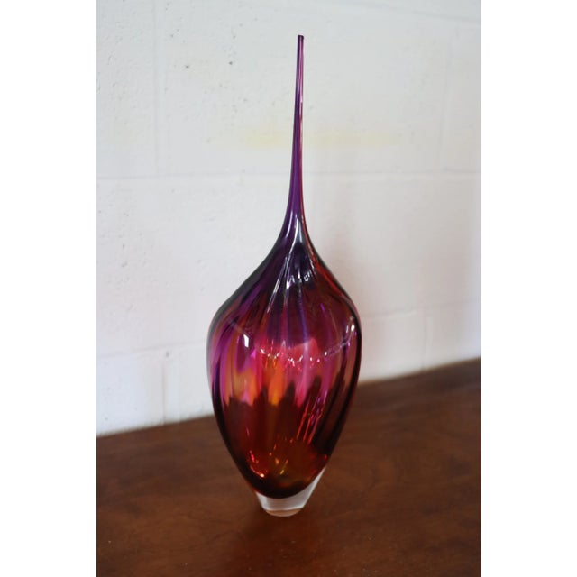 Fuchsia anf Amber art glass teardrop vase, signed.
