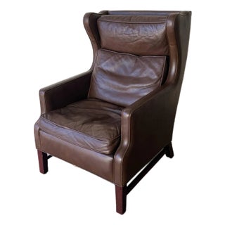 Mid Century Danish Leather Wingback Lounge Chair in the Style of Børge Mogensen 1960s For Sale