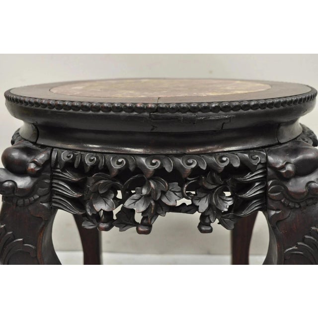 Antique Chinese Carved Hardwood Foo Dog Marble Top 18" Plant Stand Side Table For Sale In Philadelphia - Image 6 of 10